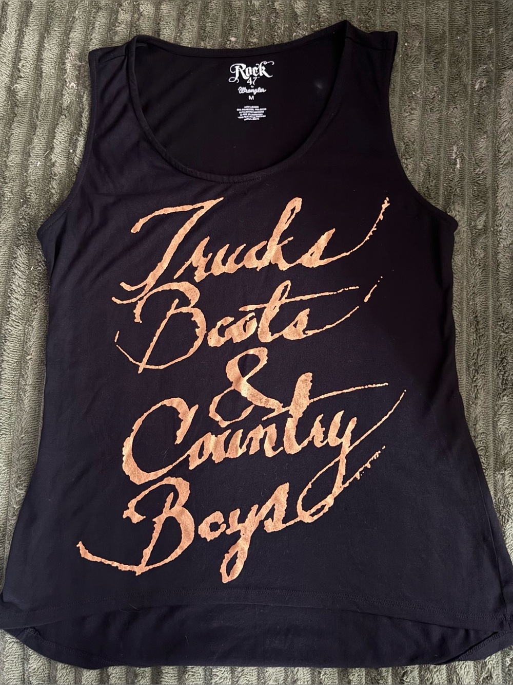 Rock 47 by Wrangler Black Tank with Copper Script Trucks Boots and Country Boys